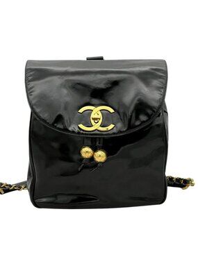 Chanel CC Vintage Backpack Bag Patent Leather Black Turnlock Chain